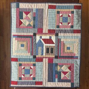 Handstitched Hand-Quilted Log Cabin Patchwork Baby Quilt / Wall Hanging / Topper